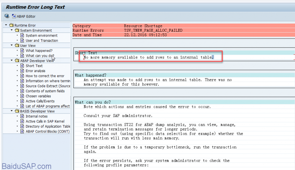  Dump No More Memory Available To Add Rows To An Internal Table SAP